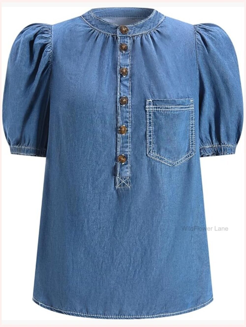 Puff Sleeve Denim Shirt Button Front Loose Vintage Blouse Going Out Top